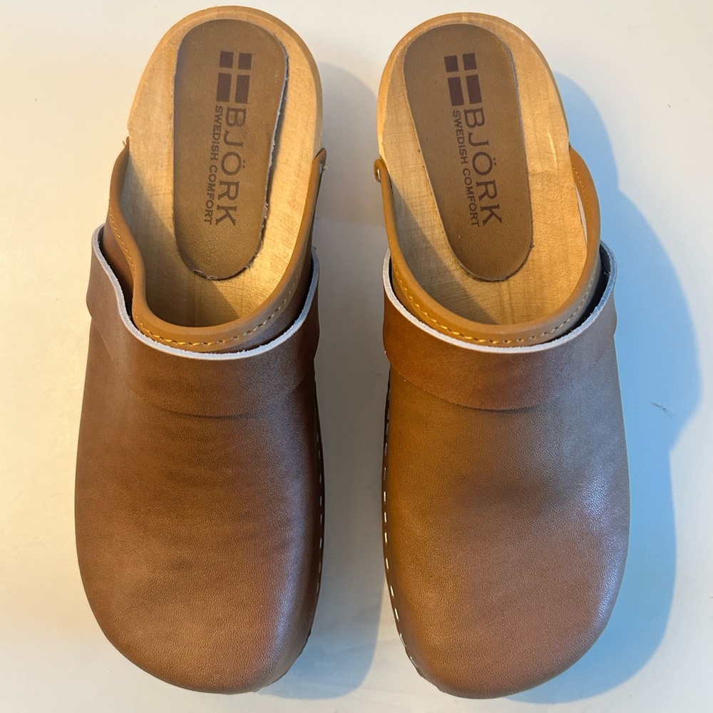 BJORK Maja Brown Leather Mule Clog with Wooden Sole Open Back Sz 39  8-8.5 - Picture 6 of 16